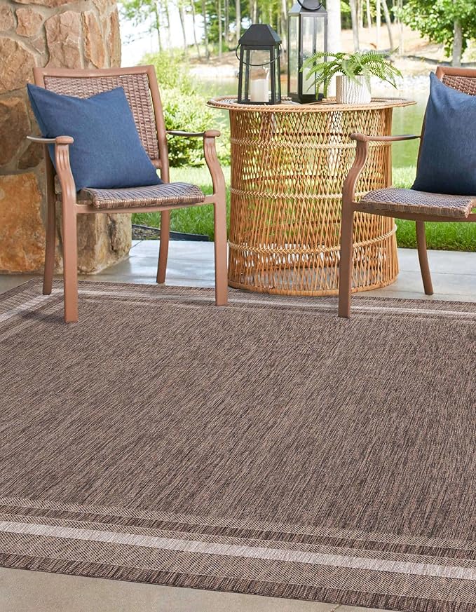 Unique Loom Outdoor Border Collection Area Rug - Soft Border (10' Square Brown/Ivory)-VerdiqueGarden