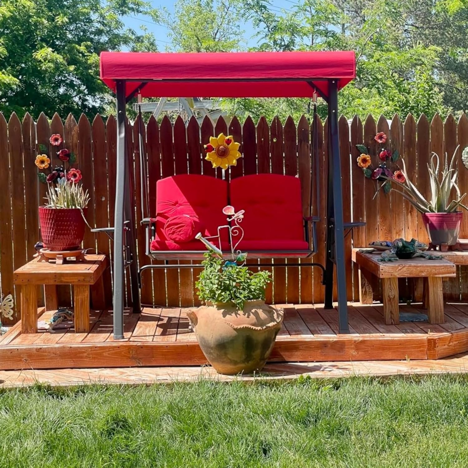 PURPLE LEAF Outdoor Patio Porch Swing with Stand, 2-seat Swing Chair with Adjustable Tilt Canopy All-Weather Steel Frame for Backyard Front Porch Lawn, Cushions and Pillow Included, Terra-VerdiqueGarden