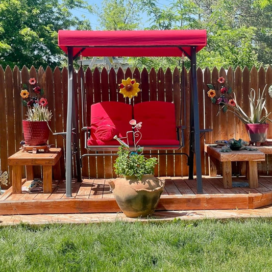 PURPLE LEAF Outdoor Patio Porch Swing with Stand, 2-seat Swing Chair with Adjustable Tilt Canopy All-Weather Steel Frame for Backyard Front Porch Lawn, Cushions and Pillow Included, Terra-VerdiqueGarden