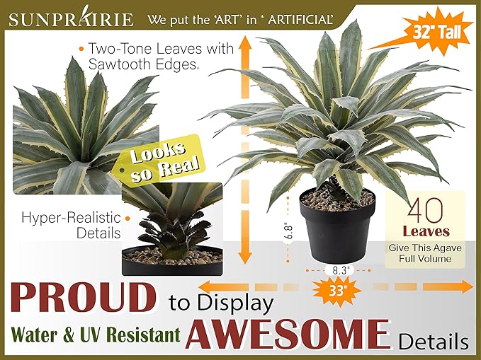 SUNPRAIRIE 32 Inch Tall Large Faux Agave Plant with Two-Tone Sawtooth Edged Leaves; Planted in Black Pot with Real Stone Pebbles. Large Artificial Plants Indoor and Outdoor.-VerdiqueGarden