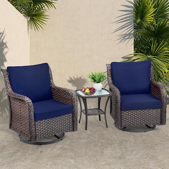 Towallmark Outdoor Swivel Wicker Glider Patio Chairs with Table Set, 3 Pieces Outdoor Bistro Set with 4”Thick Cushions and Coffee Table for Porch, Balcony, Deck (Blue)-VerdiqueGarden