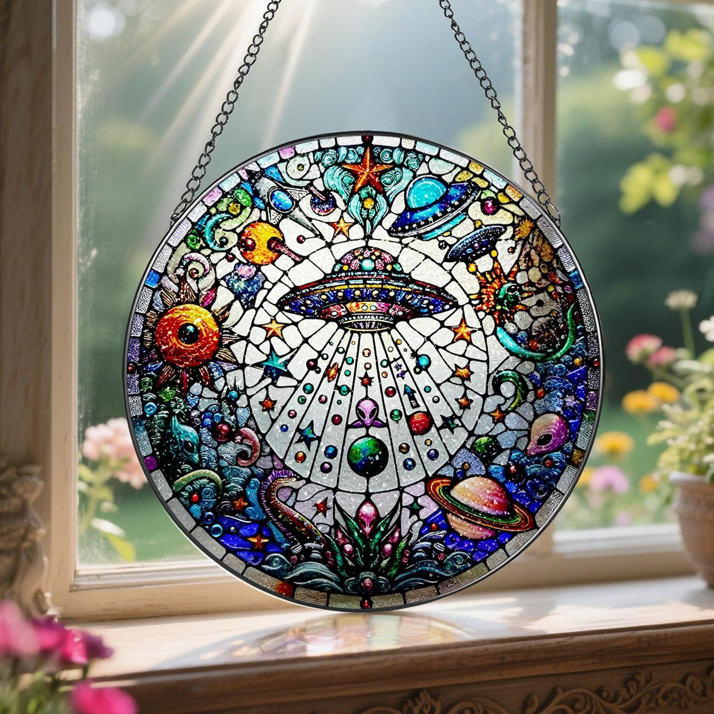 Stained Glass Window Hanging, LAOWEIKI 8'' UFO&Alien Suncatcher, Stained Glass Ornament, Suncatchers for Windows Hanging, Window Decor, Outdoor or Indoor, Gifts for Friends, Art Lover, Astronomer-VerdiqueGarden