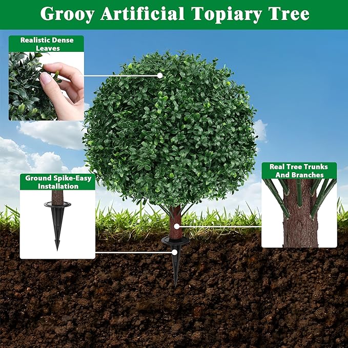 Artificial Boxwood Topiary Ball Tree with Ground Spike, Set of 2 Artificial Shrub Bushes, Fake Evergreen Tree for Porch, Artificial Plants for Outdoor Planters Indoor UV Resistant-VerdiqueGarden
