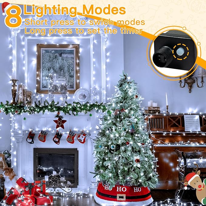Ollny Outdoor String Lights 200LED 60FT, Cool White Connectable Plug in Fairy Light, 8 Modes Waterproof Timer Christmas Lights for Indoor Outside Bedroom House Party Wedding-VerdiqueGarden