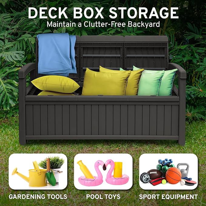 EconoHome 3 Seat Outdoor Storage Bench with Rain Cover - 90 Gallon Capacity - Weatherproof Resin Bench for Patio, Porch, Garden, Yard, Pool Area - Furniture for Pool Accessories, Gardening Tools-VerdiqueGarden