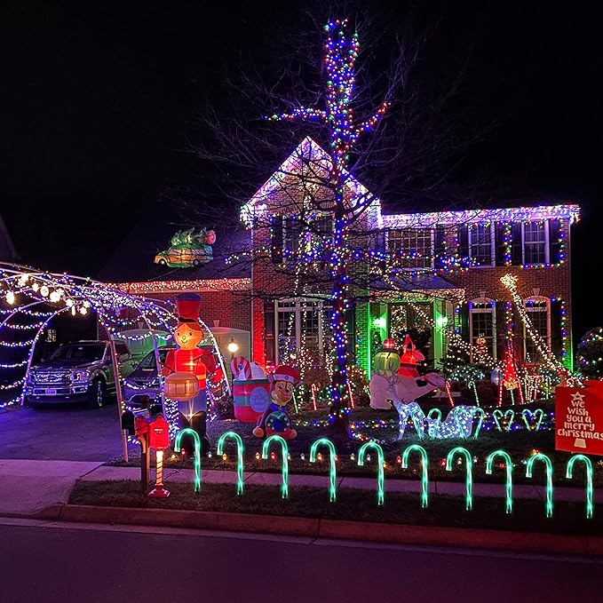 10" Christmas Candy Cane Lights - Set of 10 Pathway Markers Christmas Outdoor Yard Decorations, Green Xmas Candy Cane Stake Lights for Lawn, Walkway, Garden, Xmas Party Indoor Ornaments-VerdiqueGarden