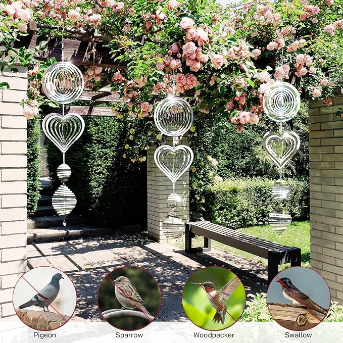 Bird Deterrents for Outside, Reflective 3D Stainless Steel Wind Spinners, Garden Decor, Bird Scare Devices to Keep Woodpeckers, Pigeons Away from Your House, Patio, Orchards-VerdiqueGarden