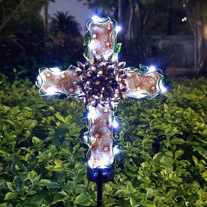 38inch Solar Cross Garden Lights Outdoor Decorative - Solar Metal&Glass Cross Apricot Hydrangea Flower Stake Lights- Waterproof 20 White LED for Remembrance Gifts & Sympathy Gifts-VerdiqueGarden