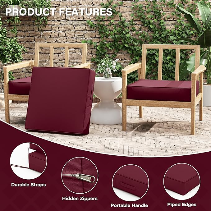 Patio Chair Cushions 24 X 24 X 5 Inch Waterproof Outdoor Seat Cushions for Patio Furniture, Outdoor Sofa Couch Pads with Ties & Handle, Set of 2, Burgundy-VerdiqueGarden