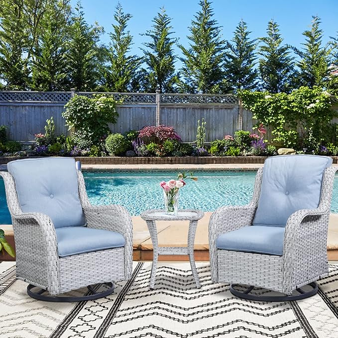 Outdoor Patio Swivel Rocker Chairs - 3 Piece Patio Bistro Set,Wicker Patio Furniture Set with 2 Swivel Rocking Chairs and 1 Glass Top Side Table for Deck Porch Garden,Light Grey/SkyBlue-VerdiqueGarden
