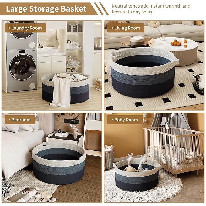 125L Extra Large Blanket Basket, 25" x 16", Jumbo Laundry Woven Baskets Decorative Home, Cotton Rope Basket with Handles, Baby Toy Baskets for Storage, Gradual Blue, 2PC-VerdiqueGarden