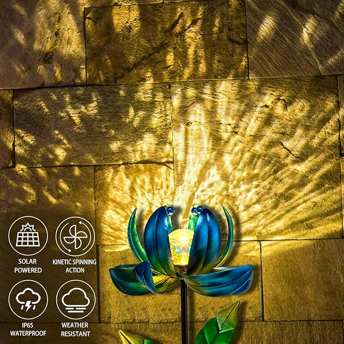 Huaxu Solar Outdoor Lights 35.4In Garden Decor Flower Wind Spinners,Waterproof LED Crackle Glass Globe Blue Lotus Art Metal Stake for Lawn Patio Pathway Yard Porch Driveway Decorations Gift-VerdiqueGarden