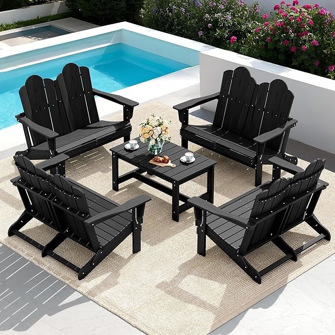 SERWALL 2 Person Adirondack Loveseat, HDPE All-Weather Folding Adirondack Bench Chair, Outdoor Adirondack Chair Set of 4, Black-VerdiqueGarden