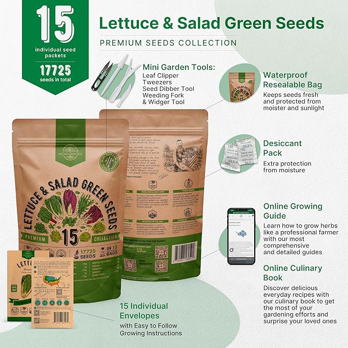 Organo Republic 15 Lettuce & Salad Greens Seeds Variety Pack 17700+ Non-GMO Heirloom Lettuce Seeds for Indoors & Outdoors Garden, Hydroponics, Aerogarden - Arugula, Kale, Spinach, Swiss Chard, Lettuce-VerdiqueGarden