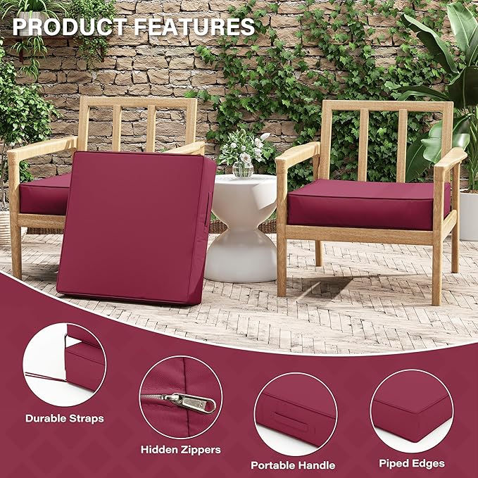 Patio Chair Cushions 24 X 24 X 5 Inch Waterproof Outdoor Seat Cushions for Patio Furniture, Outdoor Sofa Couch Pads with Ties & Handle, Set of 2, Fuchsiared-VerdiqueGarden