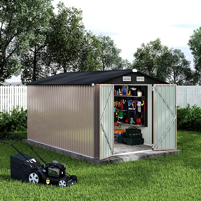 8x12 FT Metal Storage Sheds Outdoor, Metal Yard Sheds Garden Shed Kit, Metals Tool Shed with Lockable Door, Metals UtilityShed Buildings with Air Vent for Backyard Garden Patio Lawn-VerdiqueGarden