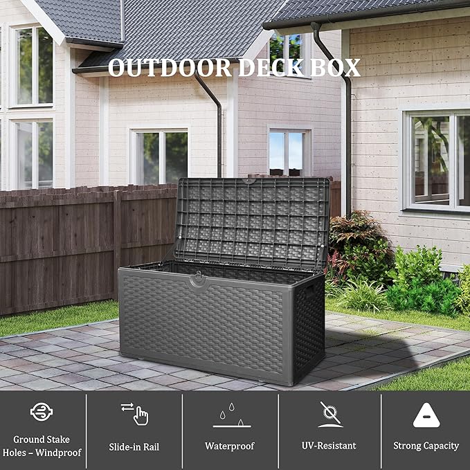 80 Gallon Plus Outdoor Storage Box Waterproof Lockable Resin Deck Box Large, Patio Storage Bin for Pool Accessories Cushion Furniture, Garden Tools, UV-Resistant Outside Delivery Black-VerdiqueGarden