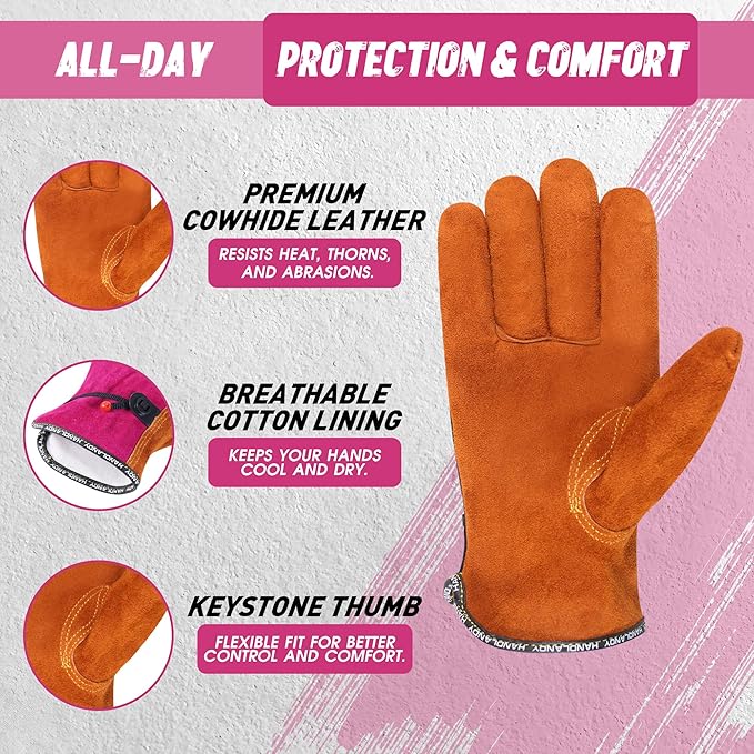 HLDD HANDLANDY Leather Work Gloves for Men & Women, Adjustable Wrist Cowhide Gardening Glove with Reinforced Palm for Driver-VerdiqueGarden