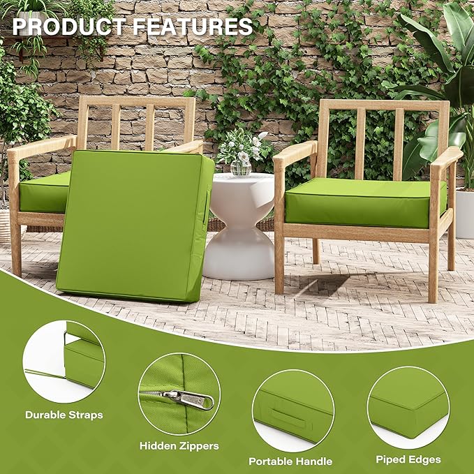 Patio Chair Cushions 24 X 24 X 5 Inch Waterproof Outdoor Seat Cushions for Patio Furniture, Outdoor Sofa Couch Pads with Ties & Handle, Set of 2, Grass Green-VerdiqueGarden