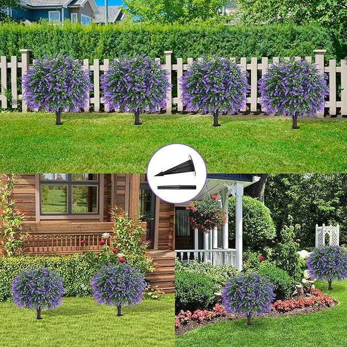 Artificial Boxwood Topiary Ball with Lavender, Set of 2 Artificial Shrub Bushes with Ground Spike, Fake Evergreen Tree for Porch, Artificial Plants for Outdoor Planters Indoor UV Resistant-VerdiqueGarden