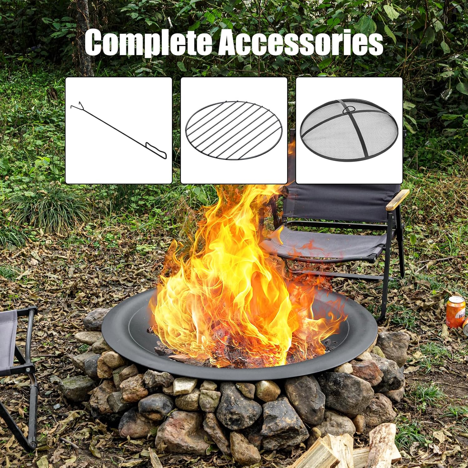 35 inch Steel Fire Pit Bowl for DIY or Replacement Existing Fire Pits, Wood Burning Fire Pit Bowl with Spark Screen &Fire Poker, Fireplace for Backyard, Porch, Deck, Camping, BBQ(Smooth)-VerdiqueGarden