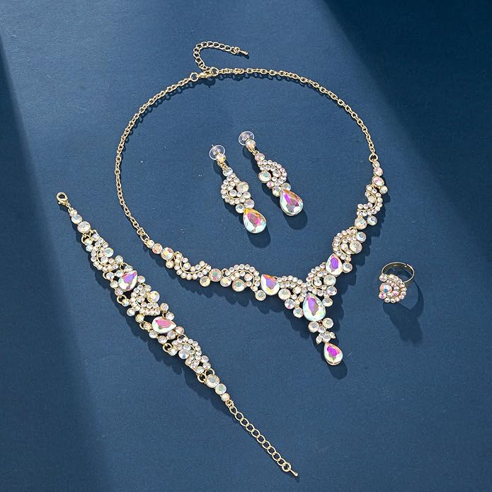 Crystal Bridal Wedding Jewelry Sets for Women Rhinestone Teardrop Crystal Statement Choker Necklace Drop Earrings Link Bracelets Rings Teardrop Jewelry Set for Brides Bridesmaids