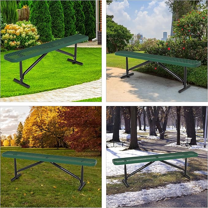 72" L Outdoor Steel Flat Bench, Heavy Duty Metal Park Bench for Outside, Expanded Metal, Commercial Benches Mesh Bench for Shopping Mall, Store, Lawn, Park, Patio, Deck, Garden (Green, 6FT)-VerdiqueGarden
