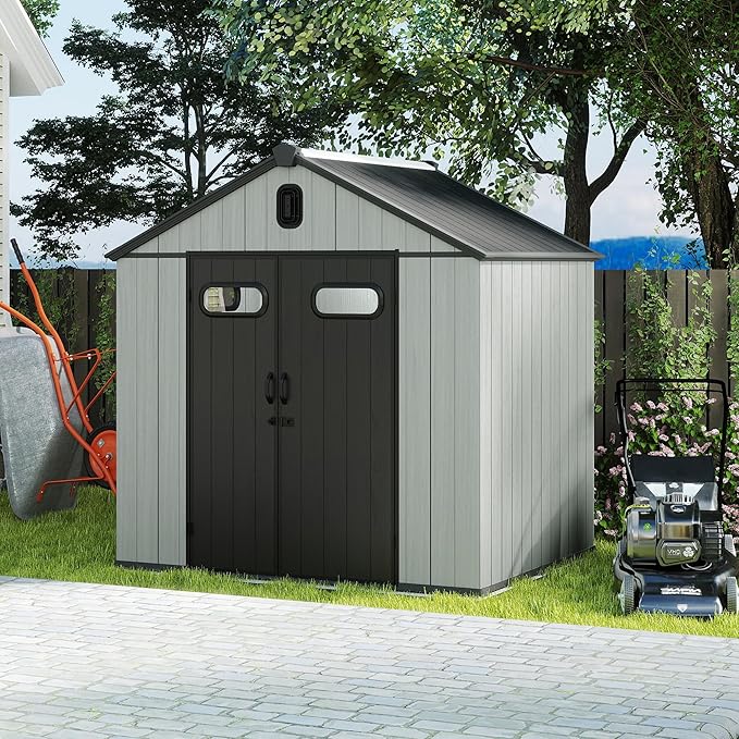 Domi 8x6FT Outdoor Resin Storage Shed with Transparent Windows & Louvered Vents, Plastic Tool Shed with Double Lockable Doors & Gable Roof, Outside Garden Shed for Backyard, Patio, Lawn, Grey-VerdiqueGarden