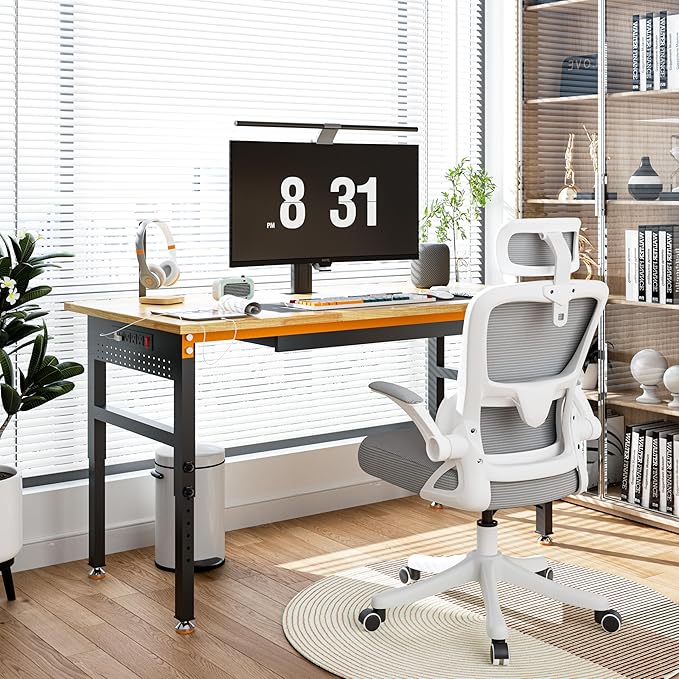 60" Adjustable Height Workbench, 2000 LBS Heavy Duty Work Table with Power Outlets & Pegboard, Rubber Wood Workstation for Garage, Workshop, Office, Home, Commercial-VerdiqueGarden