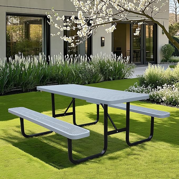 4FT Metal Picnic Tables for Outdoors, Commercial Rectangular Picnic Table and Bench Set for Outside, Patio, Garden, Backyard, Porch, Surface Mount, Grey-VerdiqueGarden