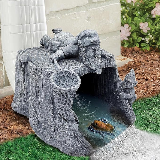 Gnome Fishing 3"x4" Gutter Downspout Splash Block Decor, Garden Outdoor Animal Resin Statue & Sculpture, Gutter Diverter Rain, Decorative Gutter Extension Downspout, Eco-Friendly-VerdiqueGarden