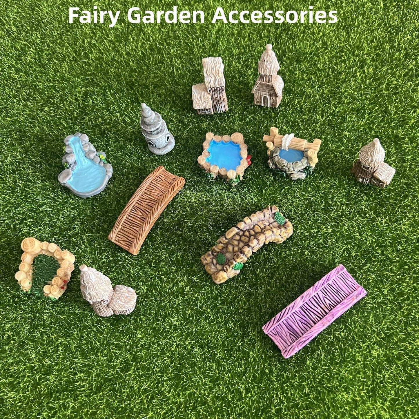 LONCESS Fairy Garden Accessories Miniature Tree House Bridge Mini Lighthouse Water Well Bridge Figurines Pond Lawn Ornament Figurines for DIY Craft Garden Decor,12 Peices-VerdiqueGarden