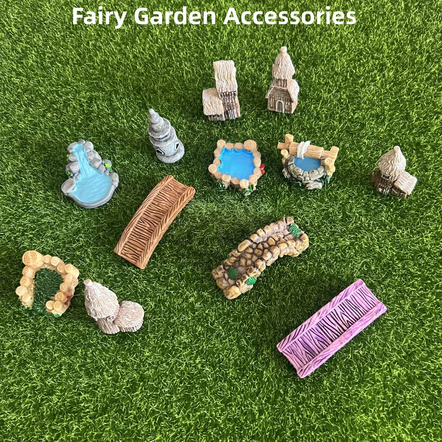 LONCESS Fairy Garden Accessories Miniature Tree House Bridge Mini Lighthouse Water Well Bridge Figurines Pond Lawn Ornament Figurines for DIY Craft Garden Decor,12 Peices-VerdiqueGarden