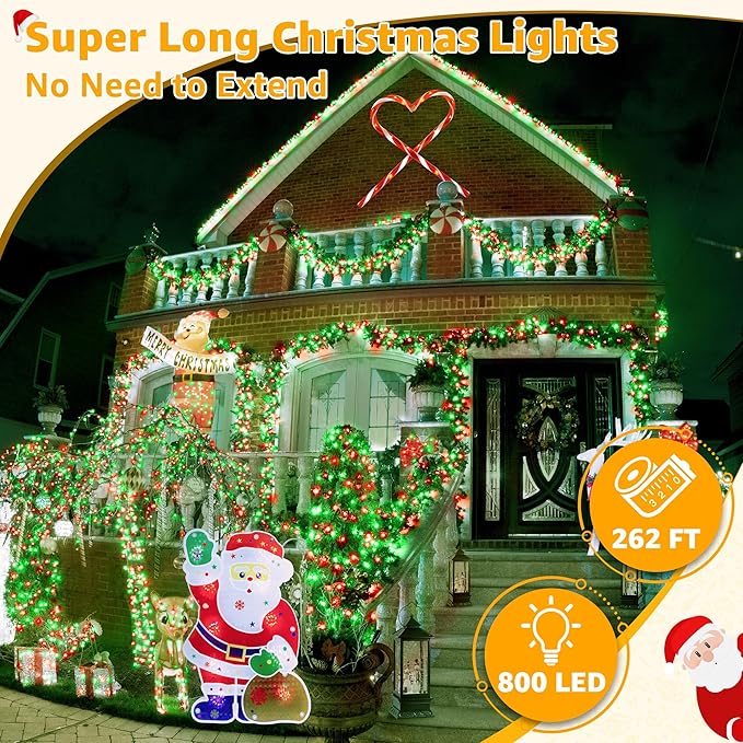 Ollny Christmas Lights Outdoor 800LED 262FT, Red and Green Plug in Fairy Lights with Remote, 8 Modes Waterproof Timers Dimmable LED String Lights for Indoor House Outside Bedroom Patio Balcony-VerdiqueGarden