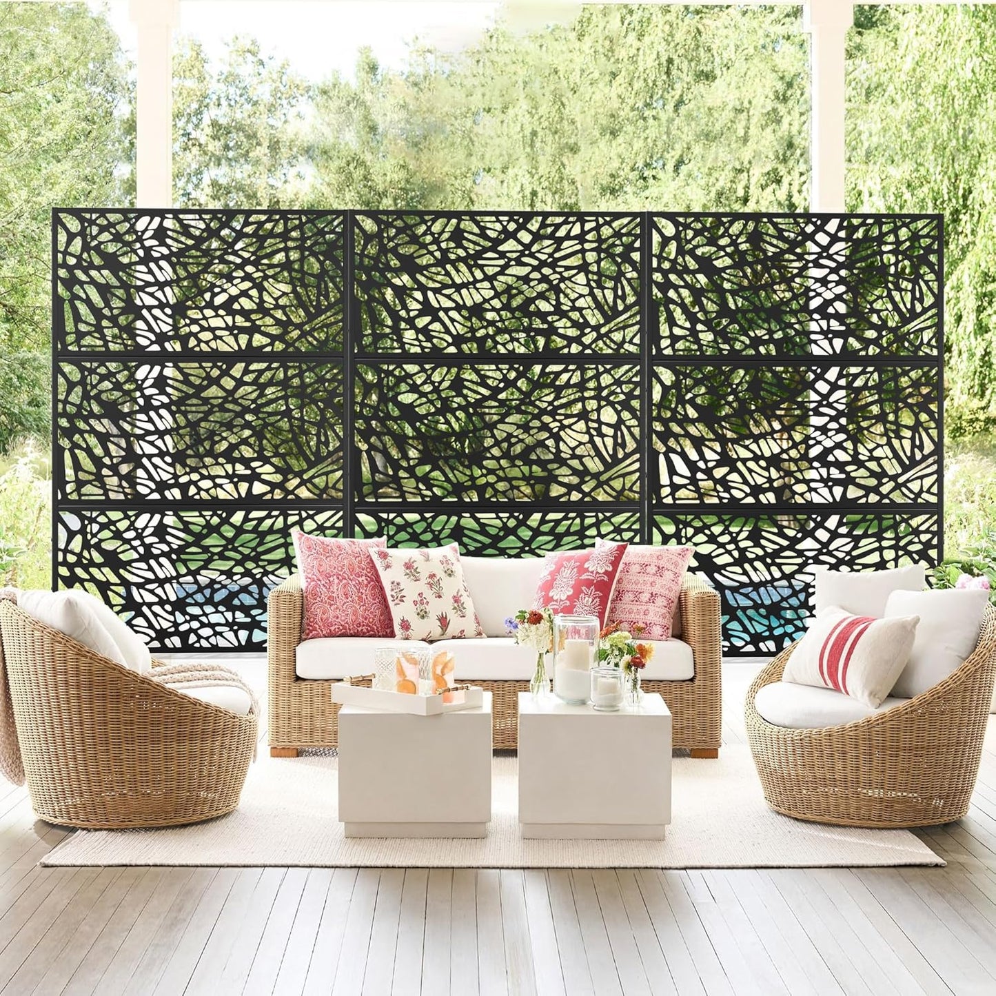 Metal Privacy Screen Outdoor 72" H×47" W,Freestanding Decorative Privacy Screen for Balcony Yard&Garden,Privacy Fence-Black&Net-VerdiqueGarden