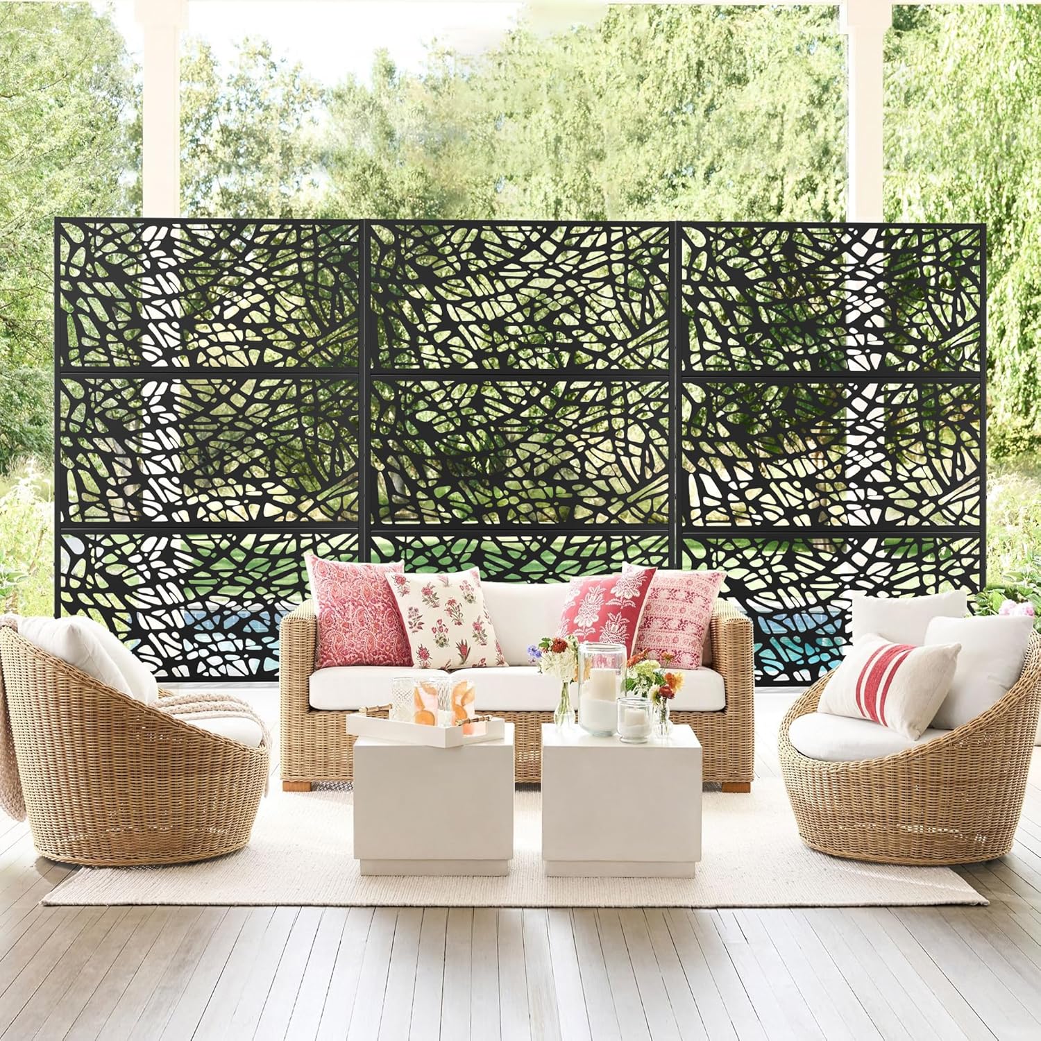 Metal Privacy Screen Outdoor 72" H×47" W,Freestanding Decorative Privacy Screen for Balcony Yard&Garden,Privacy Fence-Black&Net-VerdiqueGarden