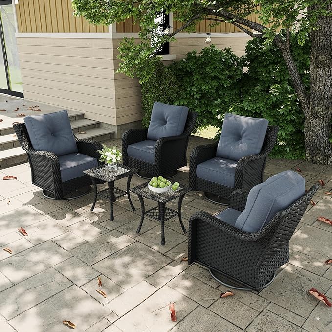6 Pieces Outdoor Patio Furniture Sets with Rocking Swivel Chairs with 6-inch Thick Cushion and Side Table for Deck Lawn-VerdiqueGarden