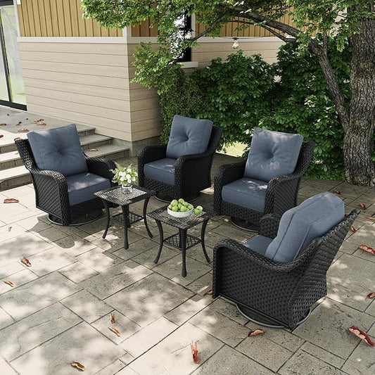 6 Pieces Outdoor Patio Furniture Sets with Rocking Swivel Chairs with 6-inch Thick Cushion and Side Table for Deck Lawn-VerdiqueGarden