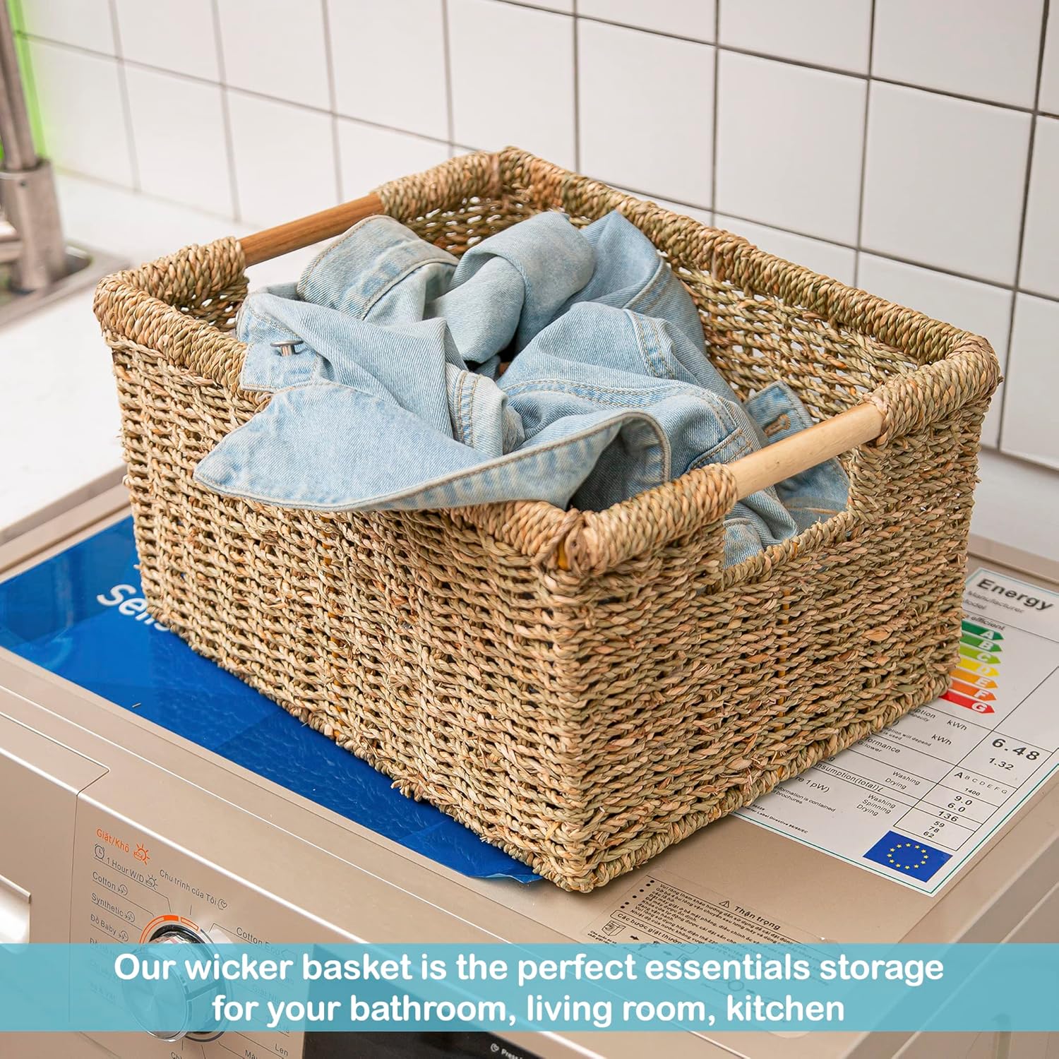 Large Wicker Basket Rectangular with Wooden Handles for Shelves, Seagrass Basket Storage, Natural Baskets for Organizing, Wicker Baskets for Storage - 3 Pack Large-VerdiqueGarden