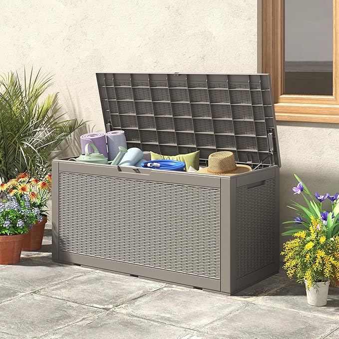 NUNU LAB 102 Gallon Large Waterproof Resin Deck Box, Lockable Outdoor Storage Box with Gas Lift, Patio Cushions, Garden Tools, Pool Supplies, Indoor Outdoor Storage Container, Grey-VerdiqueGarden