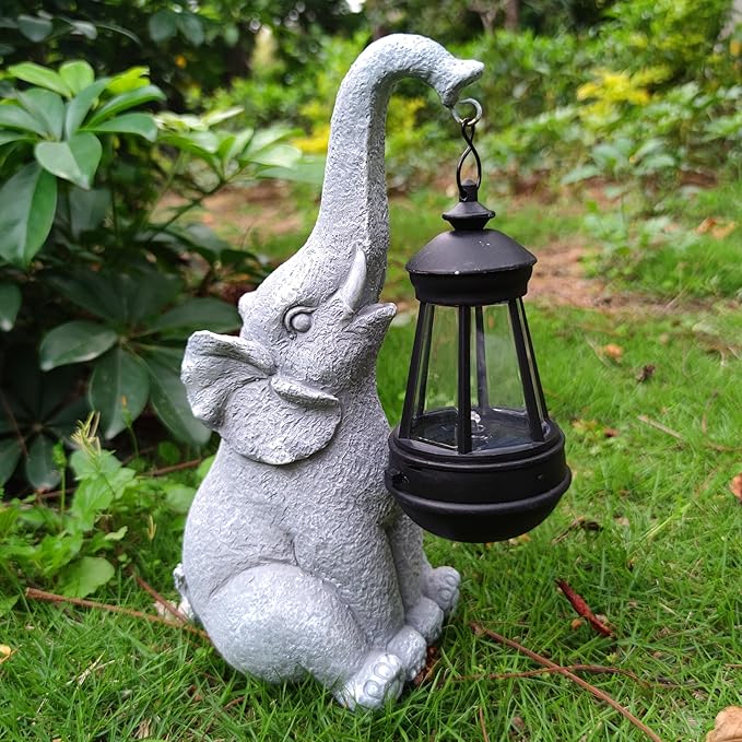 Elephant Solar Garden Statues,Resin Elephant Figurine Decorations with Solar Lights Lantern, Outdoor Elephant Decor Art for Lawn,Yard, Unique Housewarming Gift for Garden Home, VY-0617-VerdiqueGarden