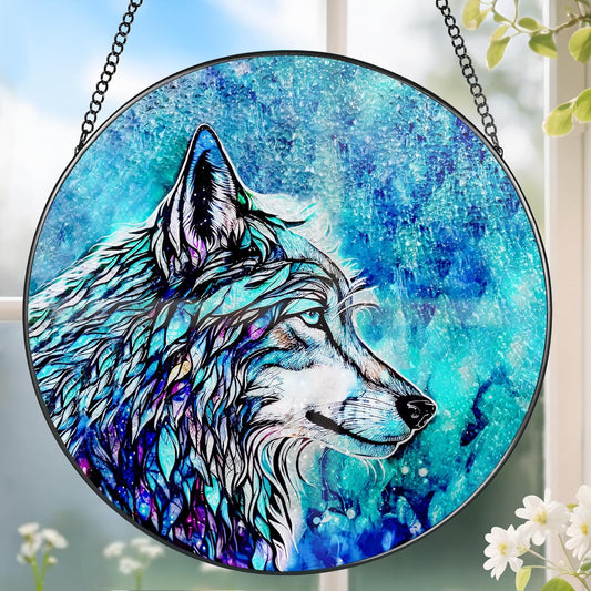 Stained Glass Window Hanging, Stained Glass Suncatcher, Wolf Sun Catcher, Window Hanging Decor, Wolf Lover Gift, Gifts for Fathers Day or Mathers Day, Christmas or Birthday Gift, Gifts for Women Men-VerdiqueGarden