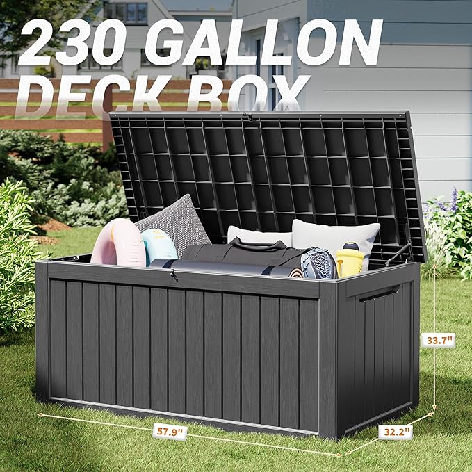 NUNU LAB 230 Gallon Large Resin Deck Box, Waterproof Outdoor Storage Box, Lockable Storage Bin for Patio Furniture, Garden Tools, Pool Accessories, UV-Resistant & All-Weather, Black-VerdiqueGarden