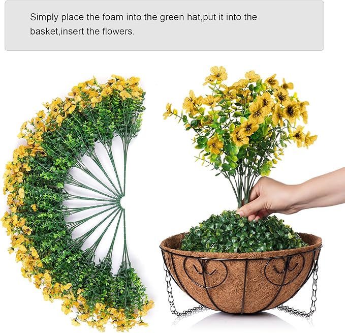 Artificial Fake Fall Hanging Mums Plants Flowers Basket for Outdoor, Autumn Faux Silk Yellow Daisy in Hang Planter Look Real UV Resistant for Porch Home Patio Balcony Yard Decor-VerdiqueGarden