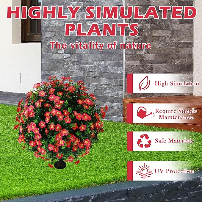 Sunnyglade Set of 2 Artificial Boxwood Topiary Ball Trees with Red Flower, Faux Shrub Bushes with Ground Spike 25.5", UV Resistant Fake Boxwood Plants for Indoor, Garden, Porch, Patio Decor (Red)-VerdiqueGarden