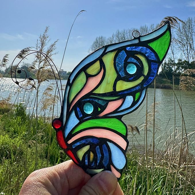 Stained Glass Window Hangings Butterfly Tiffany Style Butterfly Suncatcher for Window Hanging Suncatchers Handcrafted Ornament (Green&Blue)-VerdiqueGarden