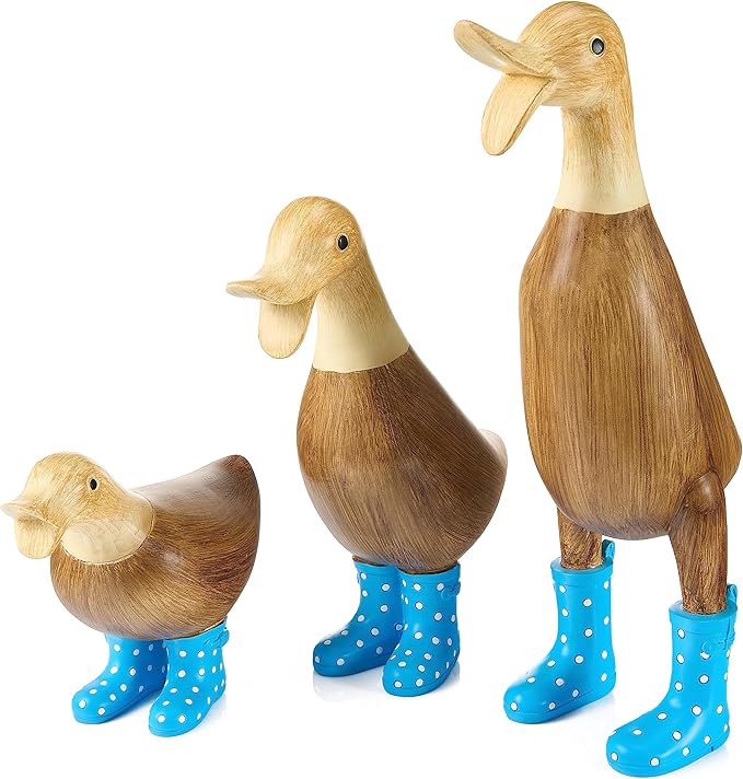GUTE Duck Yard Decorations Yard Art Garden Puddle Ducks with Blue Spotted Wellies Boots, Set of 3 - Garden Decor Statues, Duck Figurine Statue - Waterproof Indoor & Outdoor Lawn Gnome Ornament-VerdiqueGarden