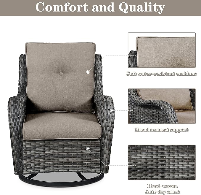 4 Pieces Patio Furniture Sets, Wicker Patio Swivel Glider Chair with Ottomans, Outdoor Furniture Set for Outside Porch, Deck, Balcony, Garden-VerdiqueGarden