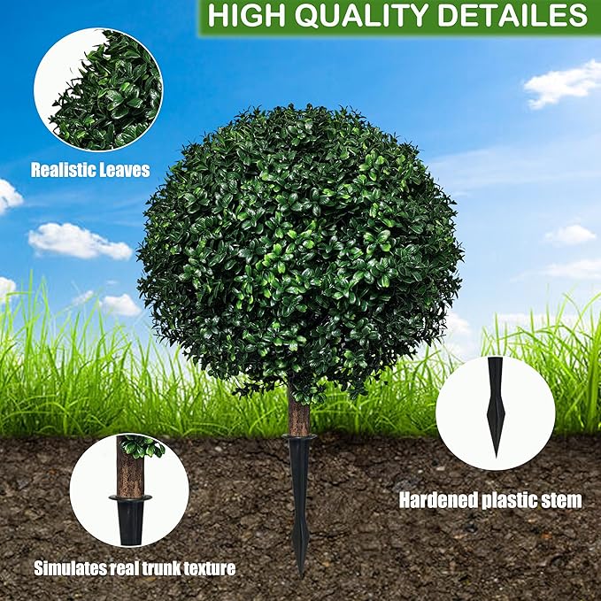 Artificial Boxwood Topiary Ball Tree Outdoor Set of 2,Artificial Boxwood Plants with Ground Spike,Faux Shrubs Fake Evergreen Tree UV Resistant,Diameter 17"-VerdiqueGarden