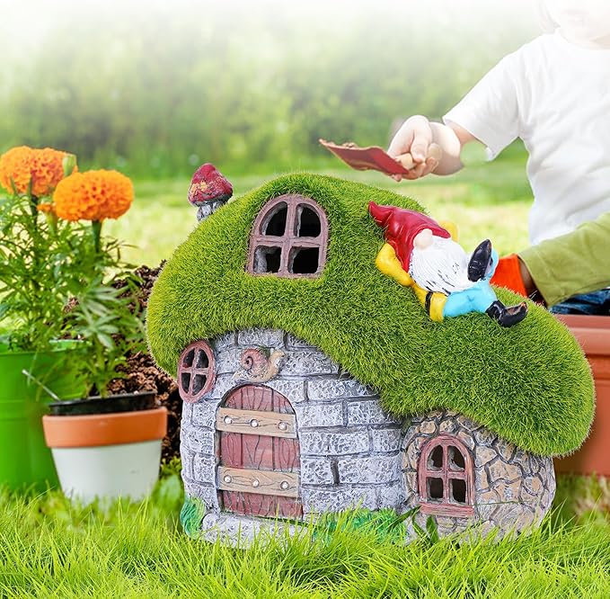 ILLUMINEW House Garden Statues with Solar Lights, LED Cute Flocked Fairy House with Gnomes Garden Figurine, Outdoor Patio Yard Lawn Decorations Gift-VerdiqueGarden